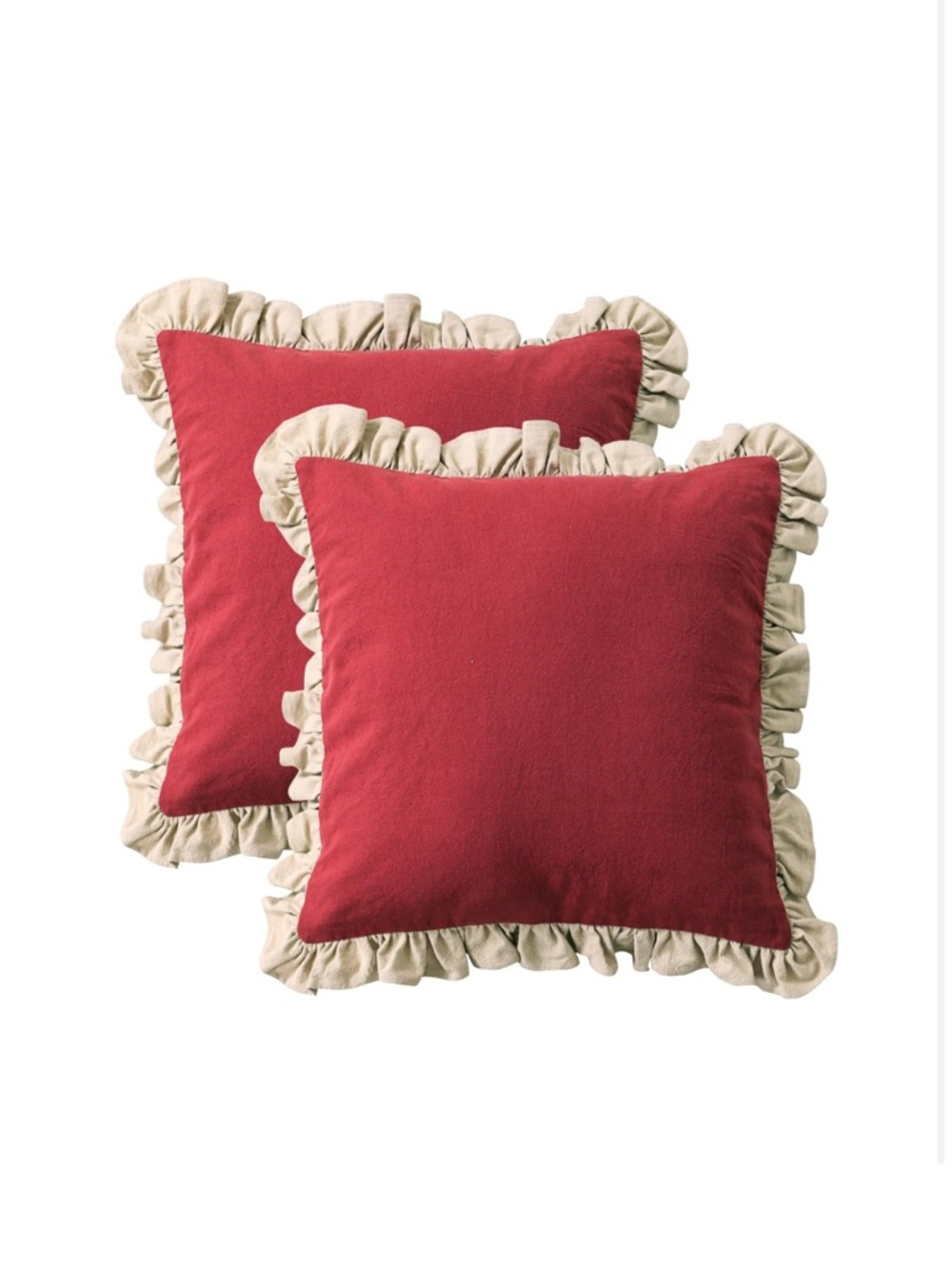 Shabby Chic Farmhouse Red Linen Pillow Covers w Ruffles SQUARE 18x18” (2-pack)